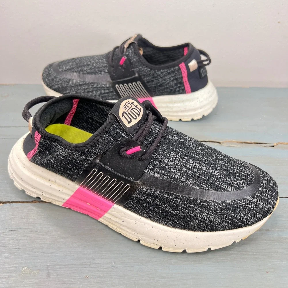 Hey Dude Sirocco W Sport Black Pink Grey Knit Slip On Sneakers Womens 7 12170100
